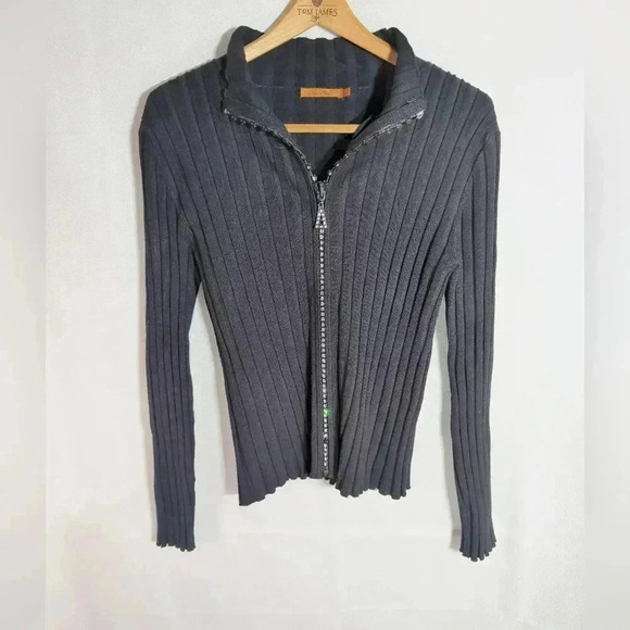 Cable knit sweater Unique Rhinestone Zipper sz L Black - Picture 3 of 7